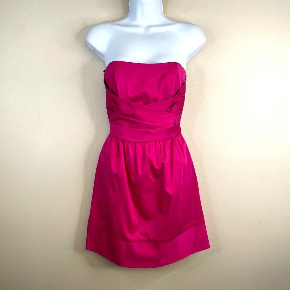 Vintage Womens STRAPLESS Dress Sz 2 HOT PINK Barbiecore Mini Faux Wrap Bow Back